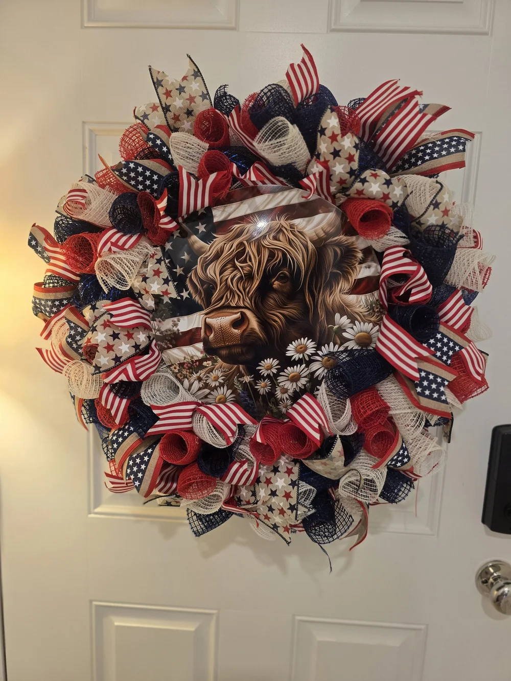 Patriotic Cow Floral Wreath - Red, White & Blue Highland COW uSA